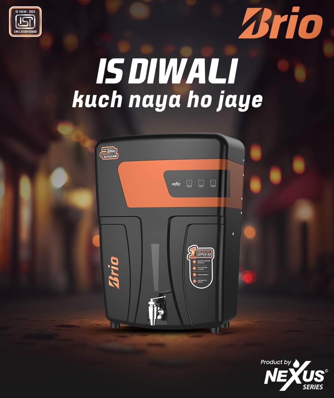 Nexus Brio Black RO + ZN + CU + ALK + UV with TDS Regulato