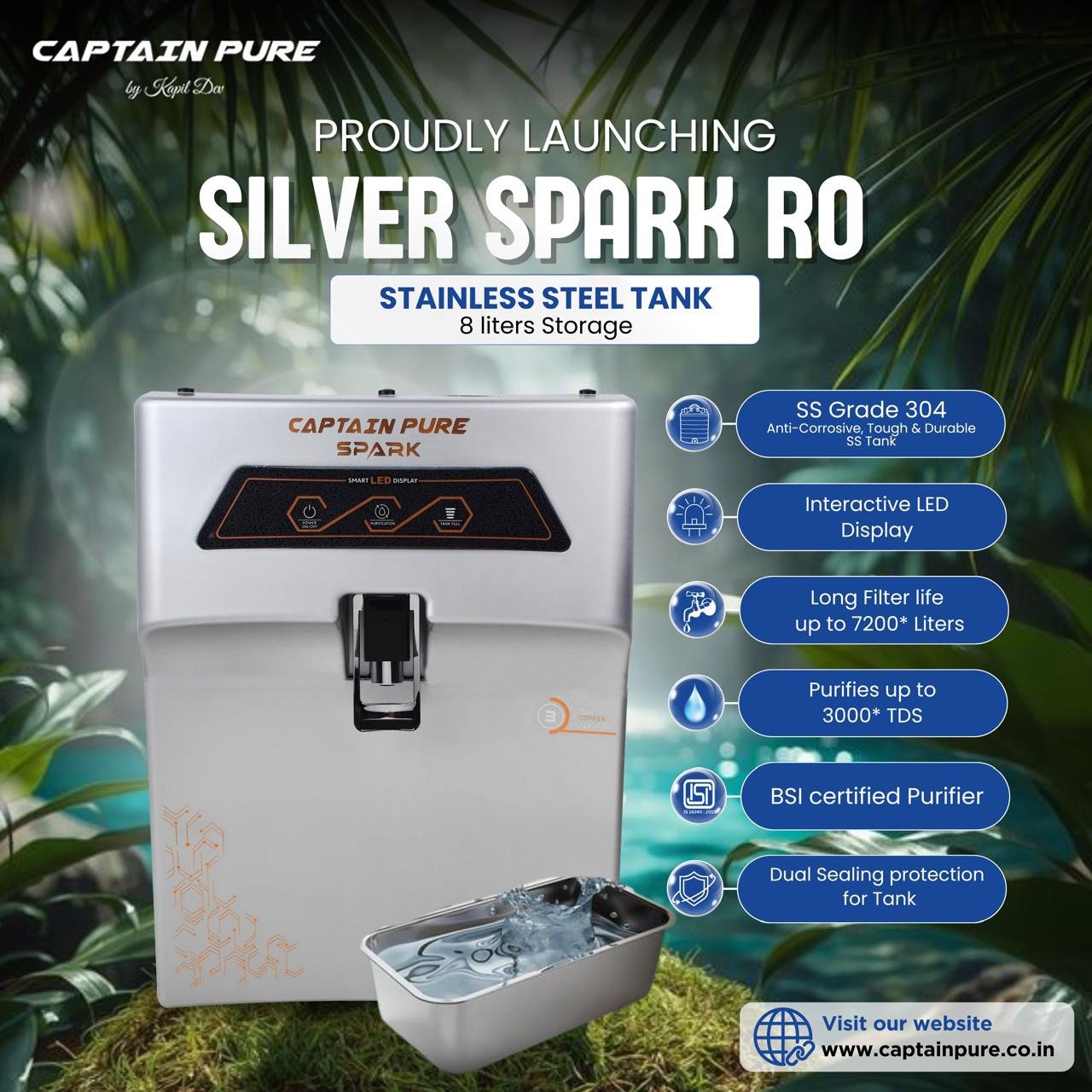 Captain Pure Silver Spark RO Water Purifier with Stainless Steel Tank for Home
