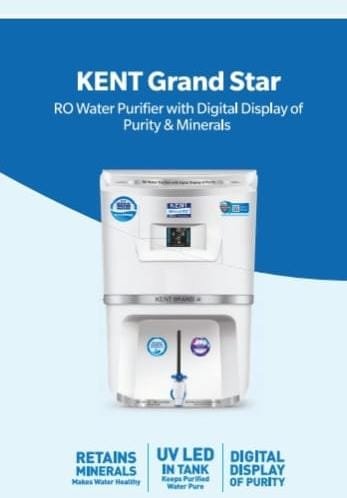 KENT Grand Star RO Water Purifier features RO + UV + UF + Alkaline + Copper + TDS Control purification with a 0.0001 micron RO membrane. It includes UV LED tank protection, Auto Flush technology, 9L storage capacity, and 20 LPH purification rate. Suitable
