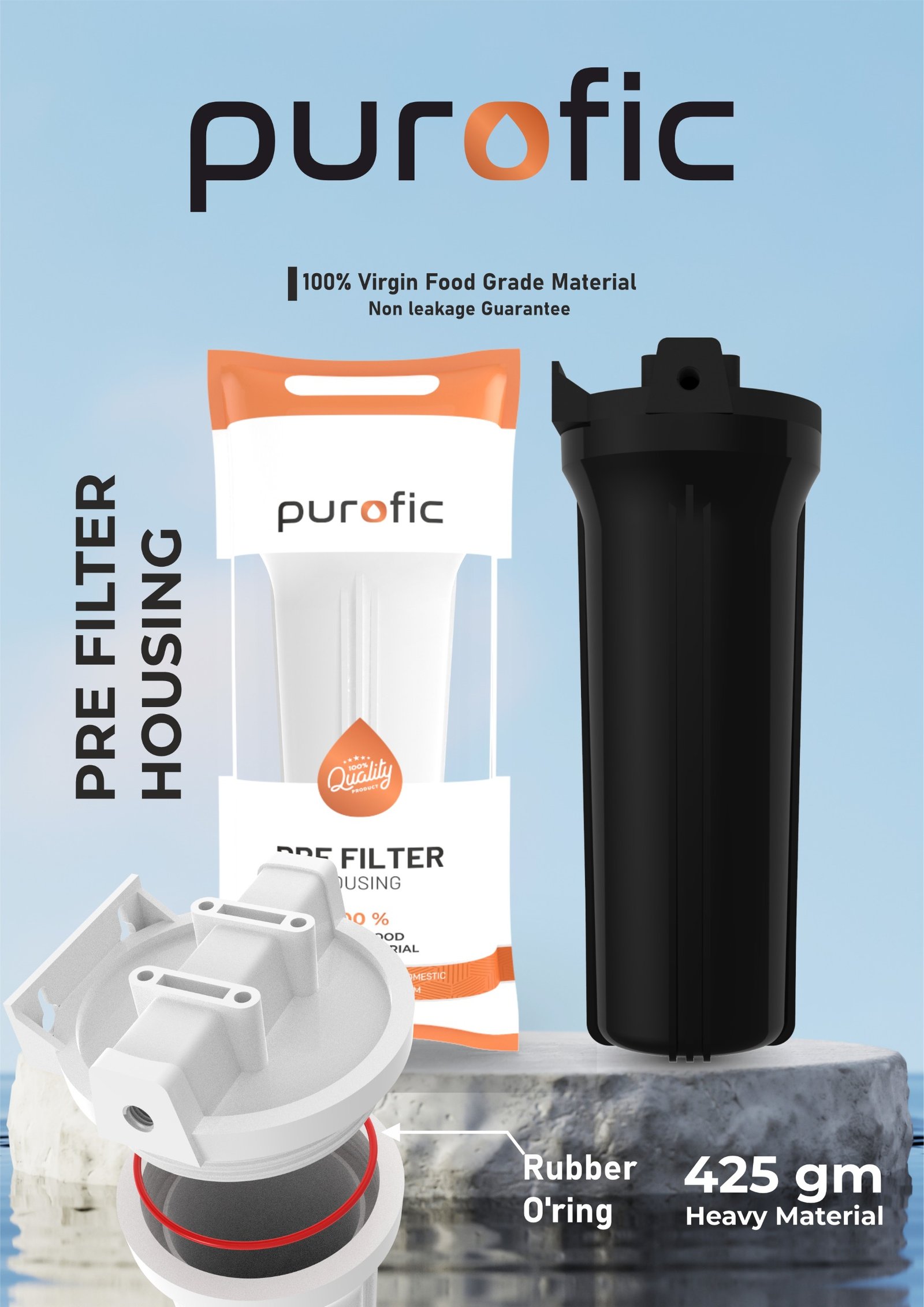 Purofic RO Water Purifier Pre Filter | External Leak-Free Housing | Spun Cartridge Prefilter Kit | 1/4 &amp;amp; 3/8 Elbows | Compatible with Kent, Livpure, LG, Mi &amp;amp; Havells