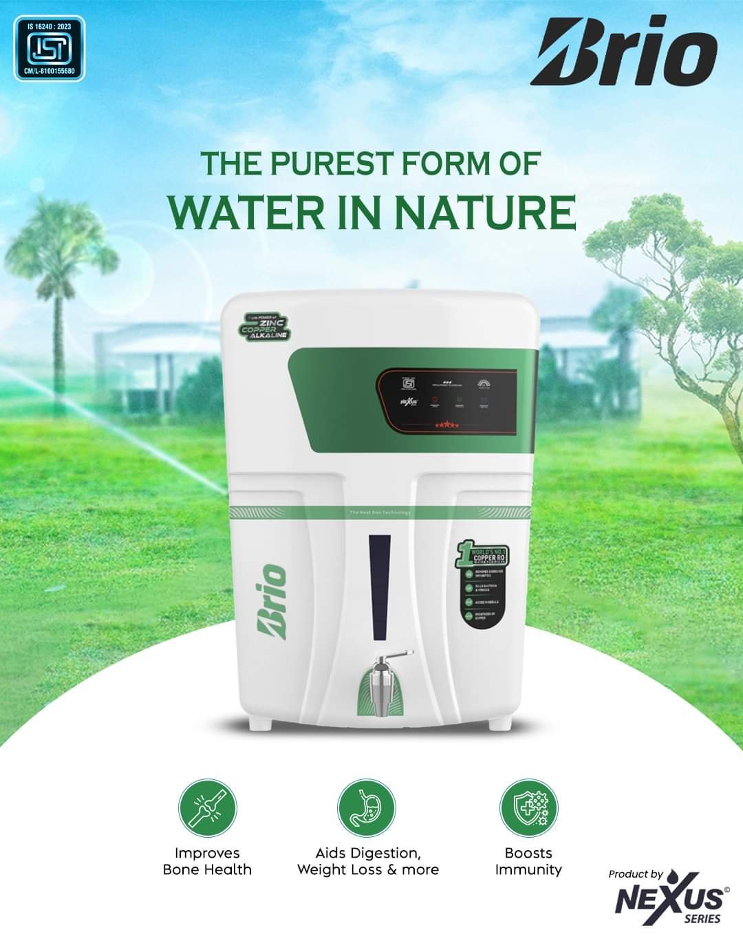 Nexus Brio Water Purifier RO+ZN+CU+ALK+UV with TDS Reg